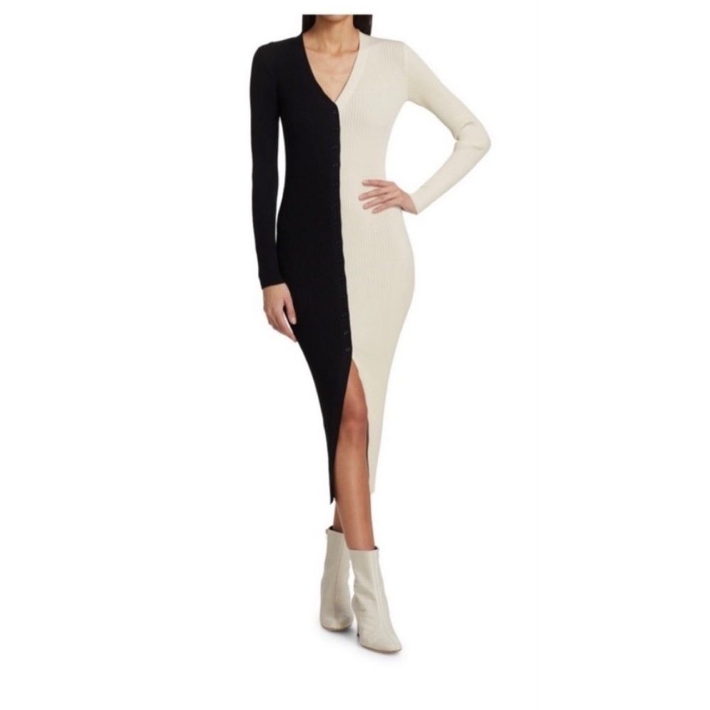 STAUD Black and Cream Long Sleeve Dress Shoko
